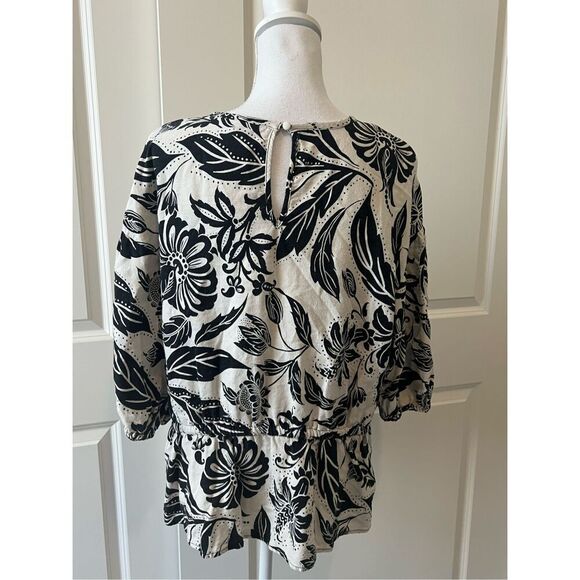 Who What Wear linen blend black and white floral print blouse with drawstring wa - Picture 2 of 6
